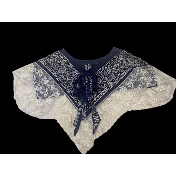 Vintage Little Girls Apron Blue Bandana Lace 3T - 5T Western Romantic Rockabilly - Picture 7 of 11